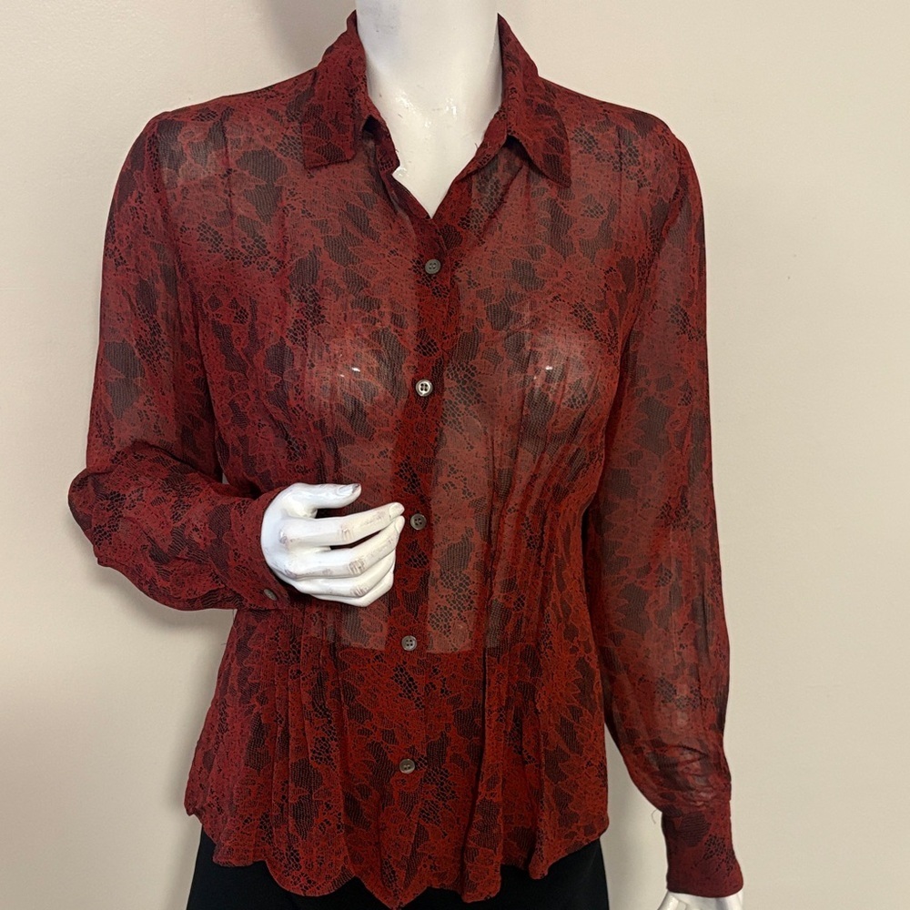 Alfani Red & Black Semi Sheer Lace Print Long Sleeve Button Down Top w Pleating